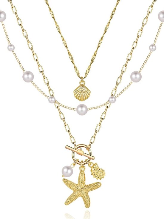 Jewelry - Layered Shell Necklace for Women, Starfish Pearl Pendant, Adjustable Beach
